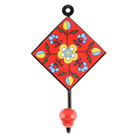 Red Ceramic Floral Tile Wall Hook 
